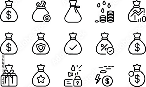 Money Bag Collection Silhouette Icon Set Cash Money Bag Typography Silhouette Icon Pack