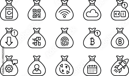 Money Bag Collection Silhouette Icon Set Cash Money Bag Typography Silhouette Icon Pack