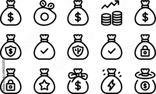 Money Bag Collection Silhouette Icon Set Cash Money Bag Typography Silhouette Icon Pack