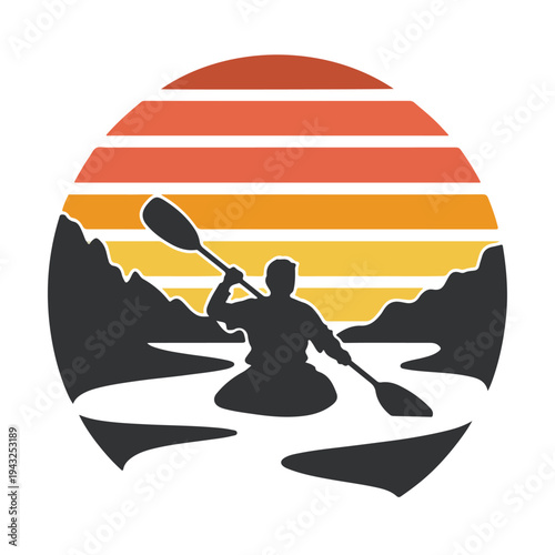 Kayaking silhouette against vibrant sunset over serene mountain lake water sports recreation leisure activity outdoor adventure