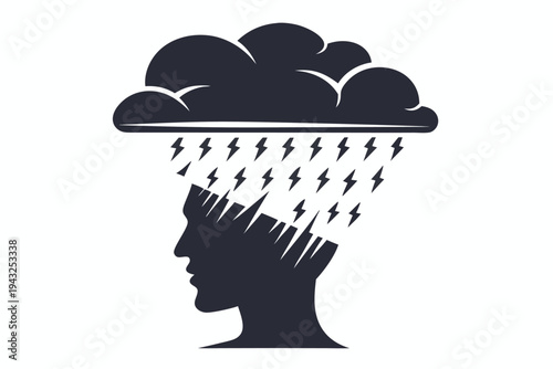 Black silhouette of a human head with a dark storm cloud hovering above, symbolizing stress, sadness, or mental turmoil, vector