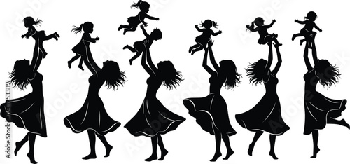 Mother lifting her child in the air in silhouette against a white background baby