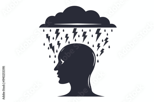 Black silhouette of a human head with a dark storm cloud hovering above, symbolizing stress, sadness, or mental turmoil, vector