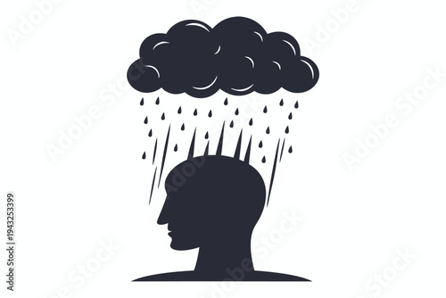 Black silhouette of a human head with a dark storm cloud hovering above, symbolizing stress, sadness, or mental turmoil, vector