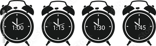 Alarm clock vector icons set, black clock silhouette showing different times, time management concept, deadline and schedule icons,