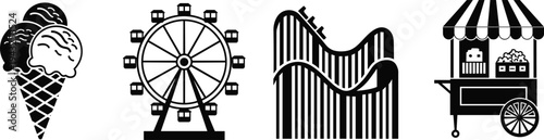 Amusement park vector icons set, black carnival silhouettes including ice cream, ferris wheel, roller coaster, and popcorn food cart
