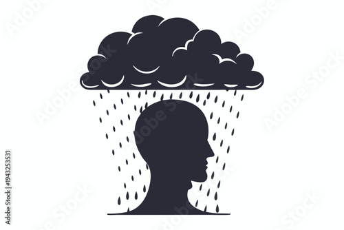 Black silhouette of a human head with a dark storm cloud hovering above, symbolizing stress, sadness, or mental turmoil, vector