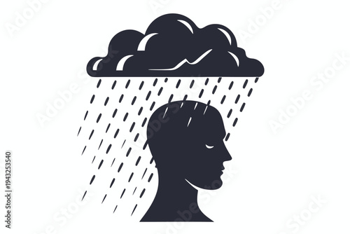 Black silhouette of a human head with a dark storm cloud hovering above, symbolizing stress, sadness, or mental turmoil, vector