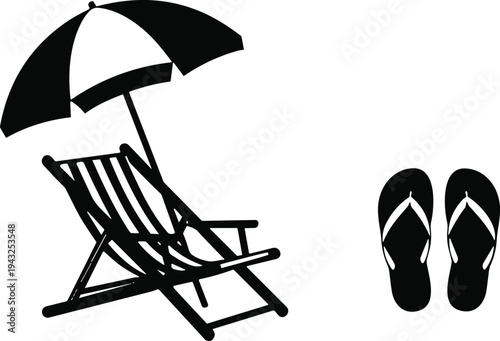 Beach relaxation vector icons set, black silhouette of deck chair, beach umbrella, and flip flops, summer vacation travel concept