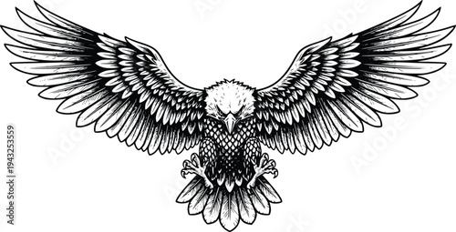 Powerful eagle with spread wings, aggressive stare, sharp talons, symbol of freedom and strength, vintage engraving style, isolated artwork