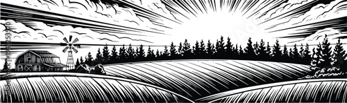 Rural agricultural field panorama with forest background barn and windmill vintage engraving vector illustration nature landscape scenery