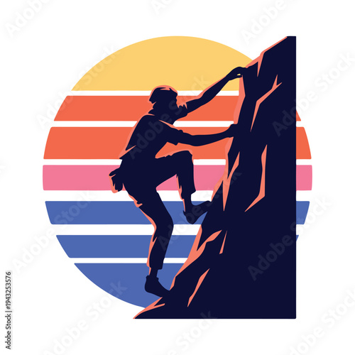 Man climbing rock mountain with sunset in background  adventure and sports concept