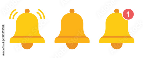 Notification bell icon set for digital alerts, push notifications, reminder alerts, and message updates, simple and modern vector