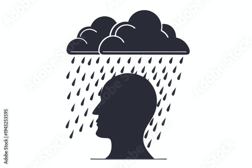 Black silhouette of a human head with a dark storm cloud hovering above, symbolizing stress, sadness, or mental turmoil, vector
