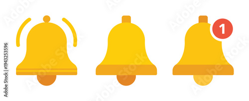 Notification bell icon, alert and reminder symbol for messages, updates, alarms, and app notifications, flat design vector