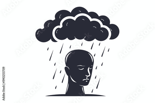 Black silhouette of a human head with a dark storm cloud hovering above, symbolizing stress, sadness, or mental turmoil, vector