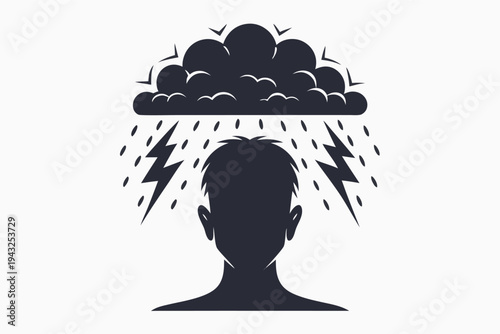 Black silhouette of a human head with a dark storm cloud hovering above, symbolizing stress, sadness, or mental turmoil, vector