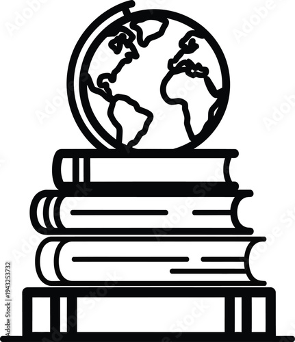 Stack of books with globe on top, education symbol