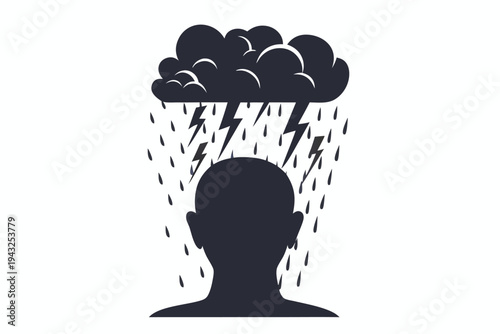 Black silhouette of a human head with a dark storm cloud hovering above, symbolizing stress, sadness, or mental turmoil, vector