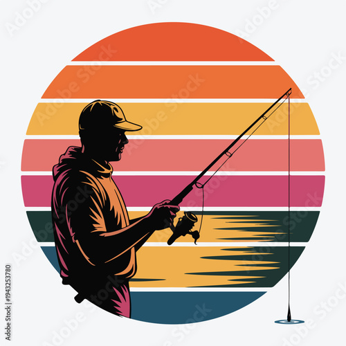 Man fishing at sunset with rod and reel in colorful striped circle silhouette  outdoor leisure activity