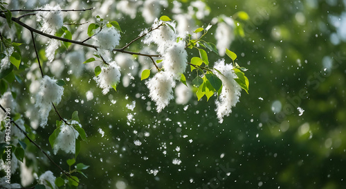 Cottonwood tree with fluffy white seeds blowing in the breeze  