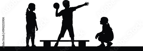 Silhouette of children playing a ball game on a white background kids