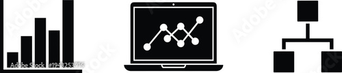 Data analysis icons, bar chart, laptop graph, organizational hierarchy, business intelligence, analytics design, black and white illustration art