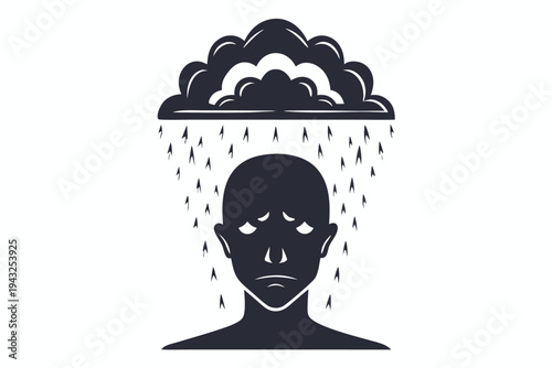 Black silhouette of a human head with a dark storm cloud hovering above, symbolizing stress, sadness, or mental turmoil, vector