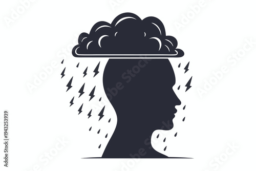 Stylized black storm cloud hovering over a human head silhouette, symbolizing overwhelming thoughts, mental burden, or creative block, vector art