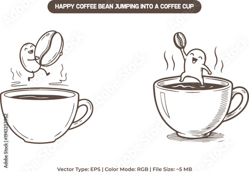 Happy coffee bean jumping into a coffee cup