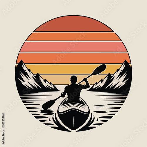 Man in a kayak paddling on a lake with mountains in the distance during sunset  serene landscape with a person enjoying outdoor adventure and nature