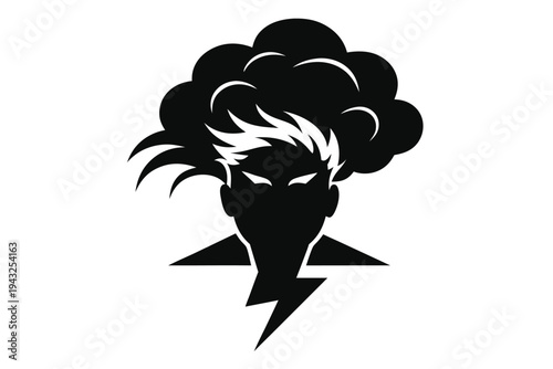 Artistic black and white vector of a head silhouette casting a shadow beneath a dark, ominous storm cloud, signifying deep concern or mental distress