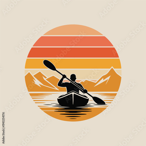 Man in a kayak paddling on a lake with mountains in the background at sunset  serene landscape with a person enjoying outdoor leisure activities  peaceful scenery