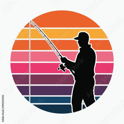 Man in silhouette holding a fishing rod in front of a colorful sunset circular background with horizontal lines  man is wearing a cap