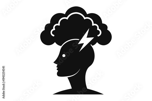 Dramatic black and white vector art showing a head silhouette partially obscured by a heavy storm cloud, representing hidden worries or inner turmoil