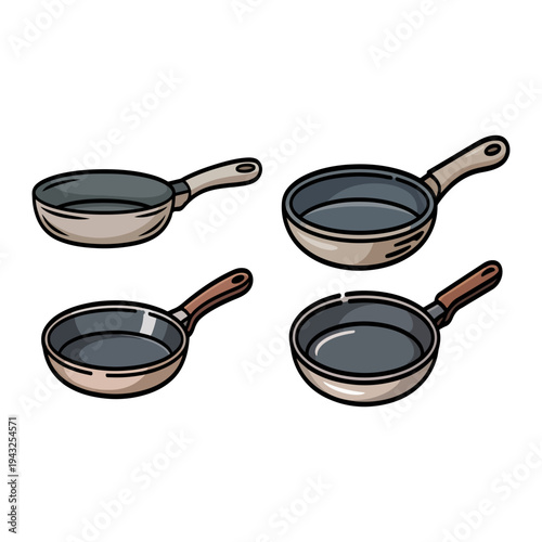 Frying Pan Set Vector Illustration of Kitchen Cookware and Skillets