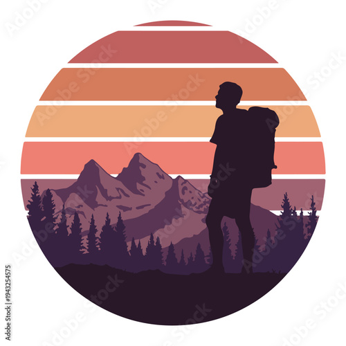Man looking at mountain range with trees at sunset  hiker silhouette with backpack standing on hill