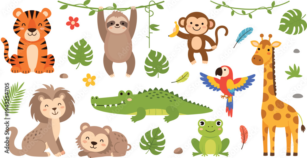 Fototapeta premium Cute Jungle Animals Cartoon Vector Collection Featuring Tiger, Lion, Monkey, Sloth, Giraffe, Crocodile, Frog and Parrot with Tropical Leaves and Nature Elements.