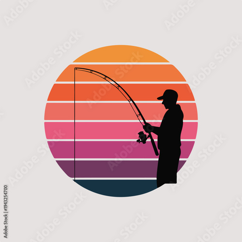 Man silhouette holding fishing rod in front of colorful sunset  fisherman at dusk with rod and reel