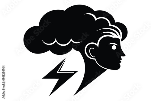 Bold black and white vector illustration: a stark silhouette of a head with a menacing storm cloud hovering over it, symbolizing a major problem or crisis