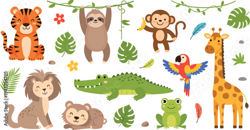 Cute Jungle Animals Cartoon Vector Collection Featuring Tiger, Lion, Monkey, Sloth, Giraffe, Crocodile, Frog and Parrot with Tropical Leaves and Nature Elements.