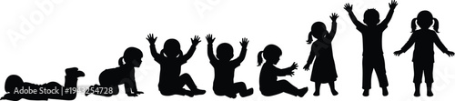 Silhouettes of children in different stages of development and activity on a white background baby toddler