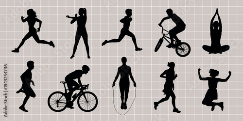Silhouettes showcasing diverse physical activities vector set