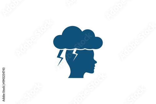 Abstract silhouette of a head with a dark storm cloud above, symbolizing stress and negative thoughts in a minimalist black and white vector style