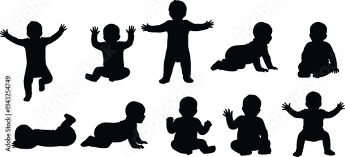 Silhouettes of babies in various poses on a white background baby infant
