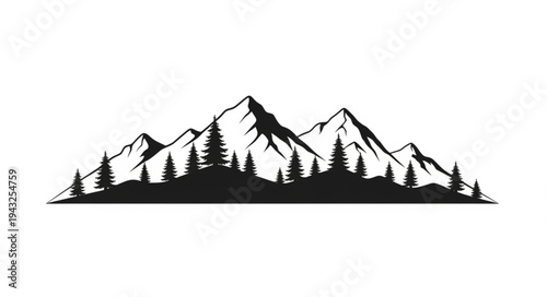 Mountain Range Silhouette With Pine Trees.