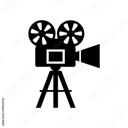 Vintage Film Camera Silhouette Vector, Retro Movie Camera on Tripod Silhouette Illustration