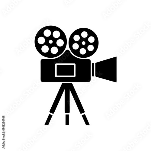 Vintage Film Camera Silhouette Vector, Retro Movie Camera on Tripod Silhouette Illustration