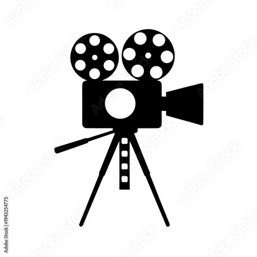 Vintage Film Camera Silhouette Vector, Retro Movie Camera on Tripod Silhouette Illustration