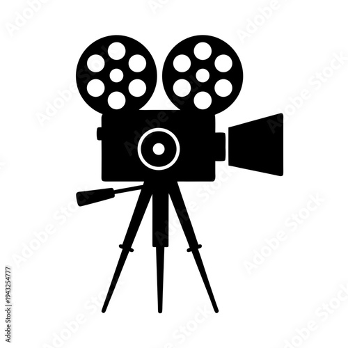 Vintage Film Camera Silhouette Vector, Retro Movie Camera on Tripod Silhouette Illustration